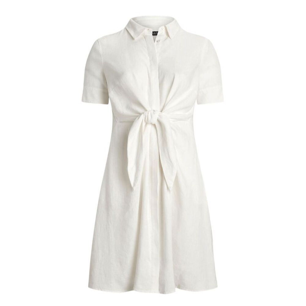 Lauren Ralph Lauren Womens Plus Size Tie-Front Linen Shirt Dress 18 White - NWT
